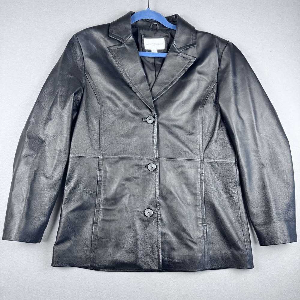 Vintage Worthington Genuine Leather Jacket Women L Black 3 Button Blazer